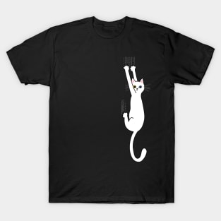 Funny White Cat Hanging On T-Shirt